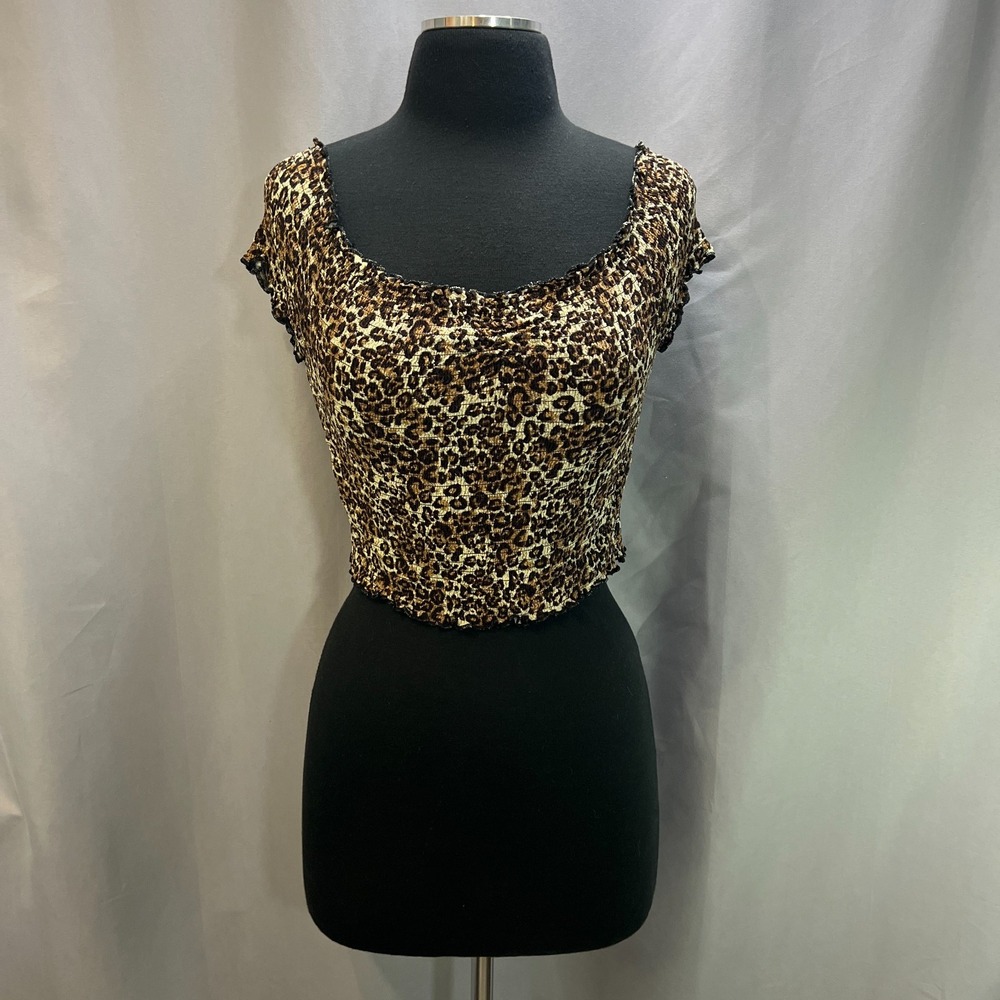 Kendall & Kylie Cropped Blouse Top Womens Medium Multicolor Rayon Leopard Print